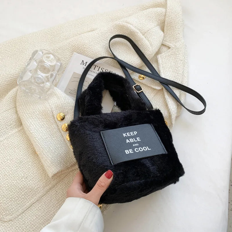 Women's Plush Bucket Handbag Letter Shoulder Bag Crossbody Warm Purse