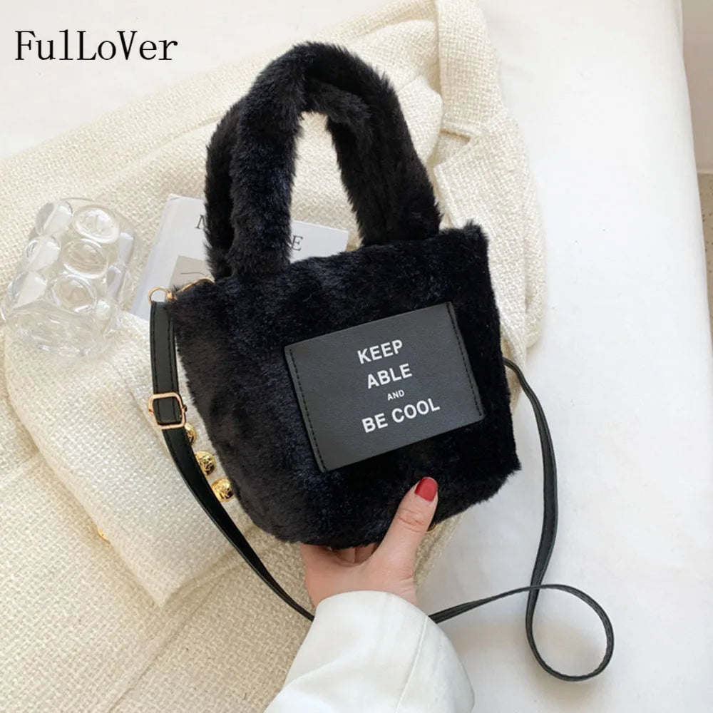 Women's Plush Bucket Handbag Letter Shoulder Bag Crossbody Warm Purse
