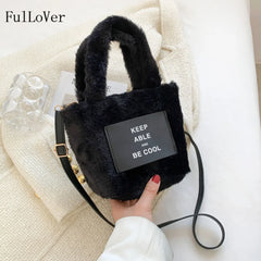 Women's Plush Bucket Handbag Letter Shoulder Bag Crossbody Warm Purse