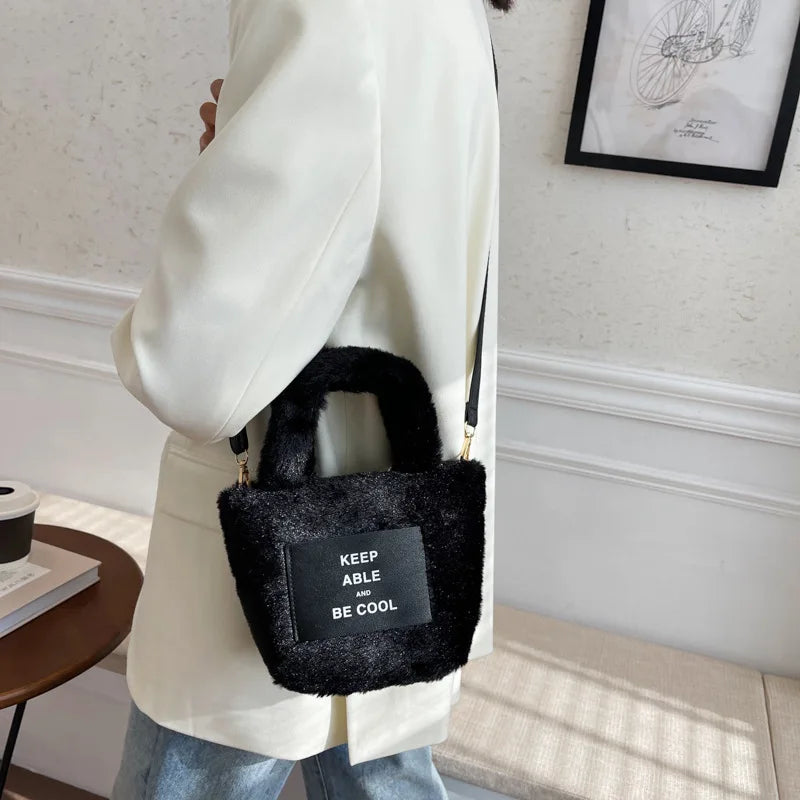 Women's Plush Bucket Handbag Letter Shoulder Bag Crossbody Warm Purse