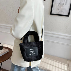 Women's Plush Bucket Handbag Letter Shoulder Bag Crossbody Warm Purse