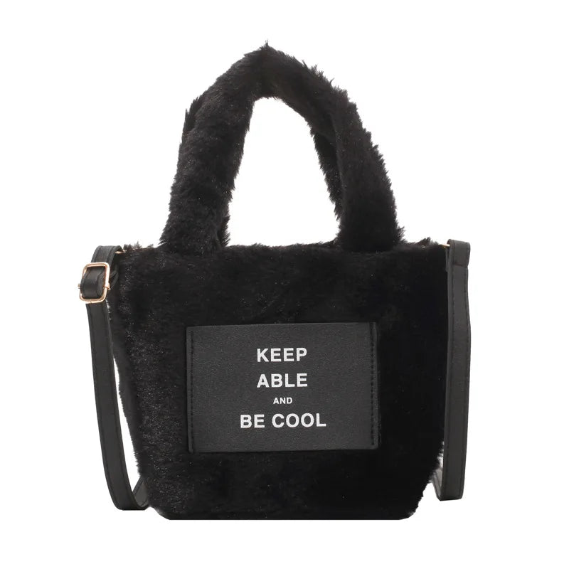Women's Plush Bucket Handbag Letter Shoulder Bag Crossbody Warm Purse