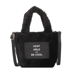 Women's Plush Bucket Handbag Letter Shoulder Bag Crossbody Warm Purse
