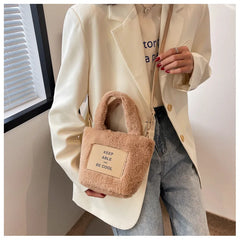 Women's Plush Bucket Handbag Letter Shoulder Bag Crossbody Warm Purse