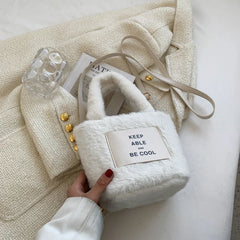 Women's Plush Bucket Handbag Letter Shoulder Bag Crossbody Warm Purse