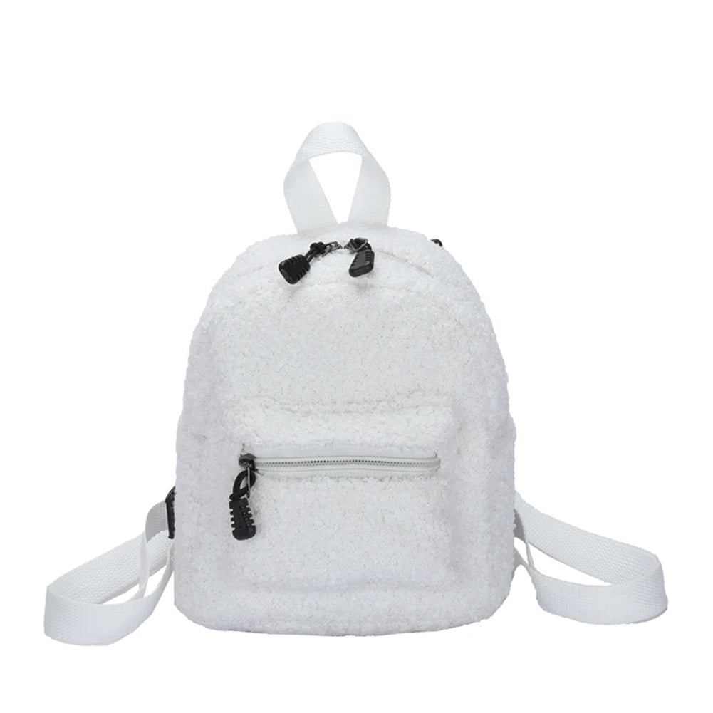 Female Preppy Style Lamb Wool Backpack Women Winter Solid Mini Rucksacks