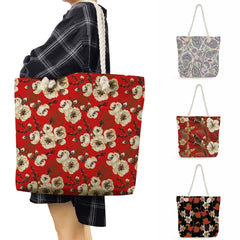 Women's Red Shoulder Bag Floral Print Handbag High Capacity Travel Tote