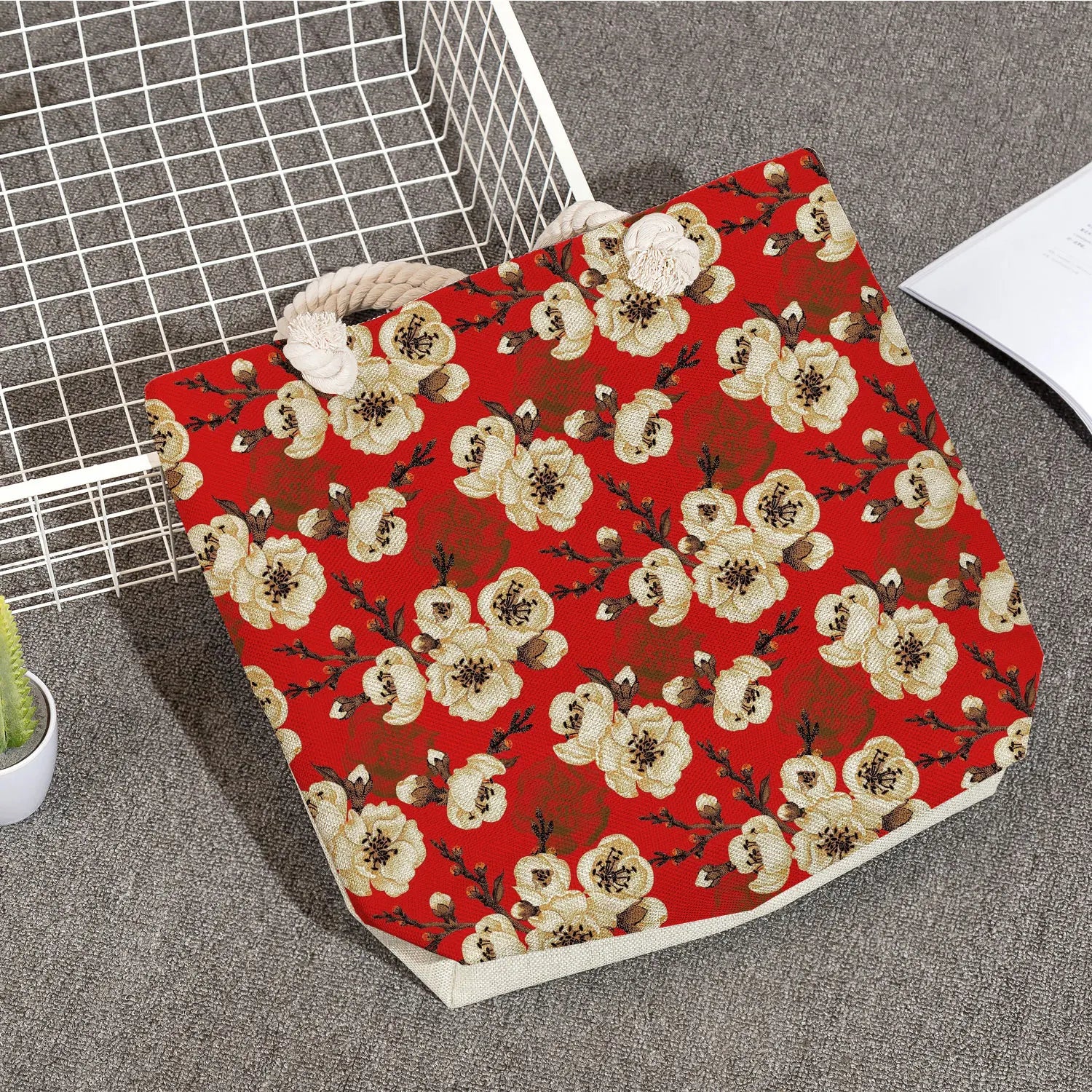 Women's Red Shoulder Bag Floral Print Handbag High Capacity Travel Tote