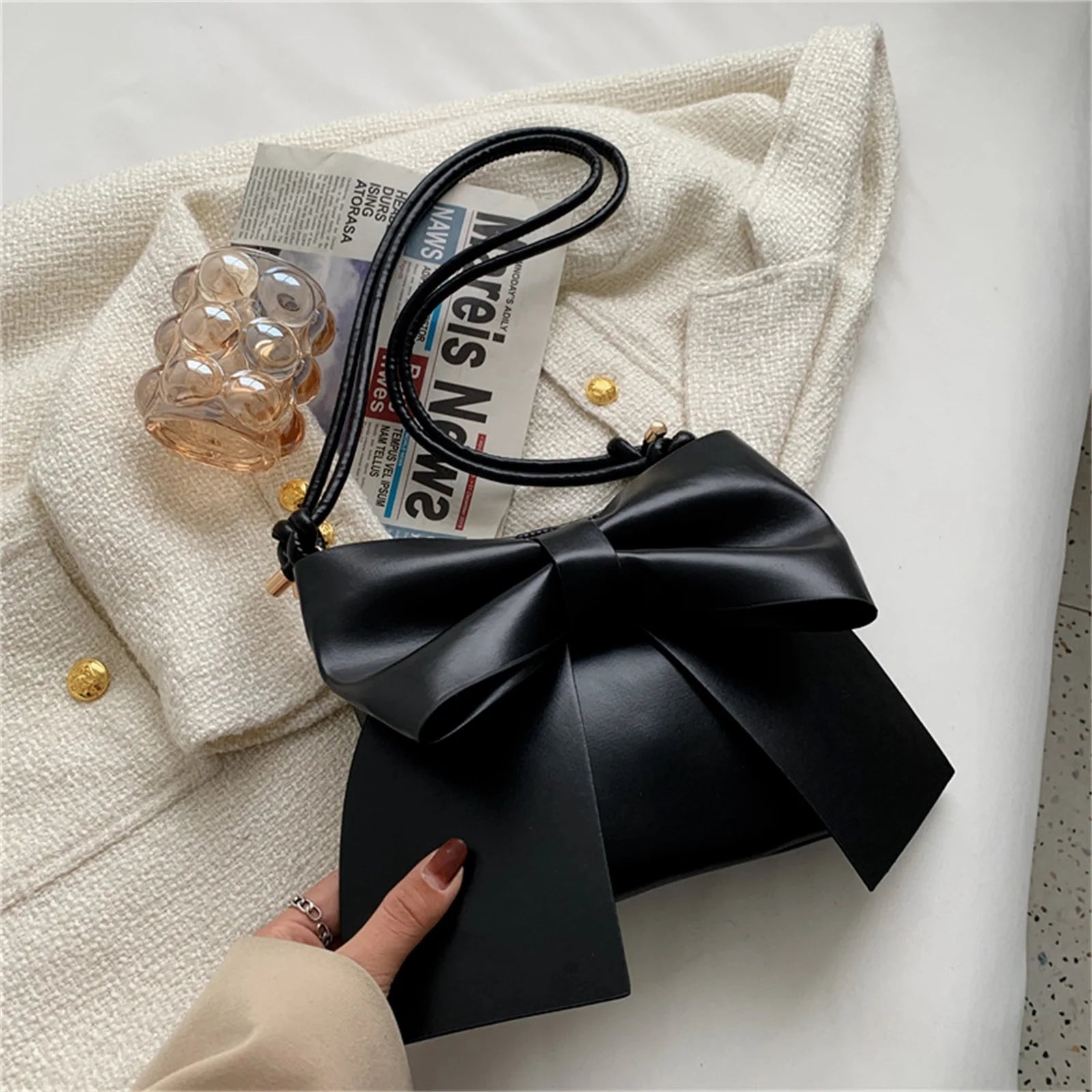 Women's Solid Bowknot Tote Handbag White/Blue/Black