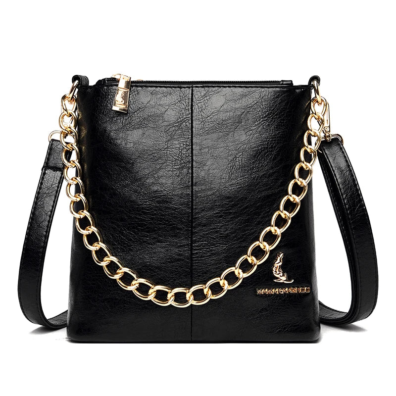 Women's Soft Leather Crossbody Bag with Chain Shoulder Strap