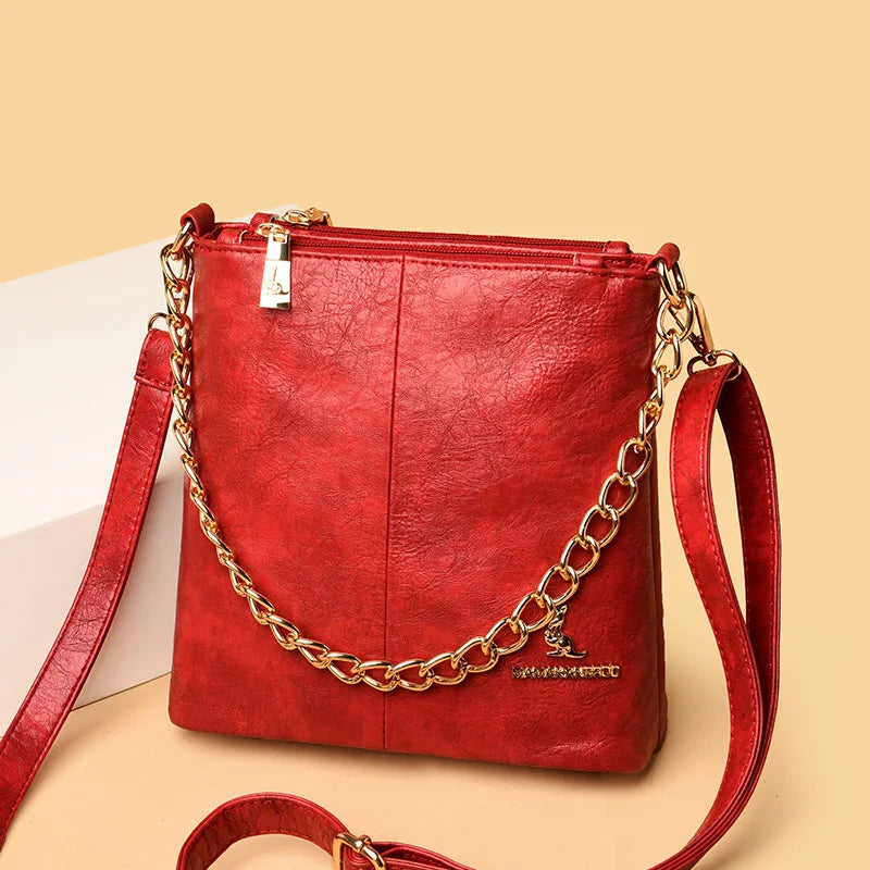 Women's Leather Shoulder Crossbody Bag with Chain Tote