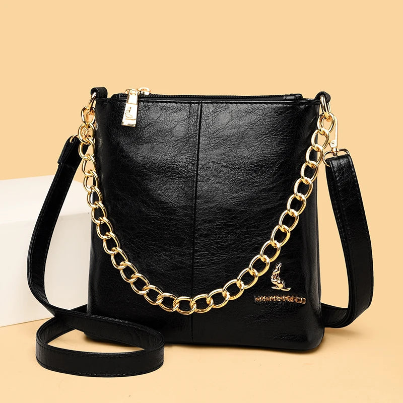 Women's Soft Leather Crossbody Bag with Chain Shoulder Strap