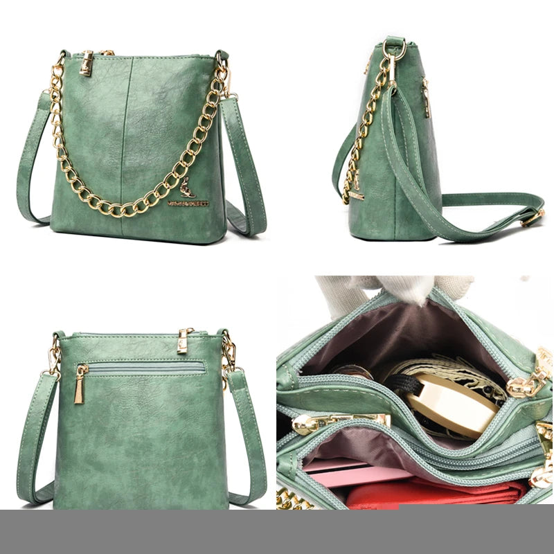 Women's Soft Leather Crossbody Bag with Chain Shoulder Strap