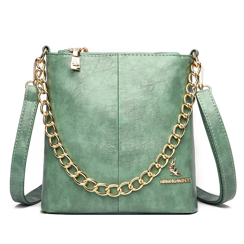 Women's Soft Leather Crossbody Bag with Chain Shoulder Strap