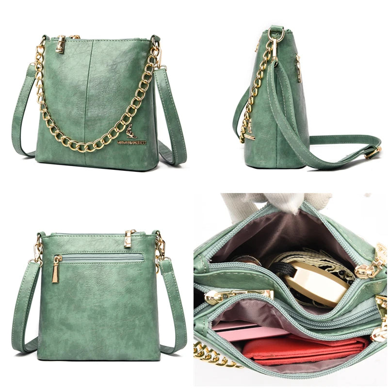 Women's Leather Shoulder Crossbody Bag with Chain Tote