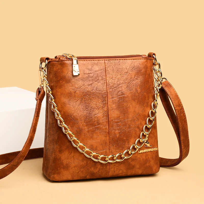 Women's Soft Leather Crossbody Bag with Chain Shoulder Strap