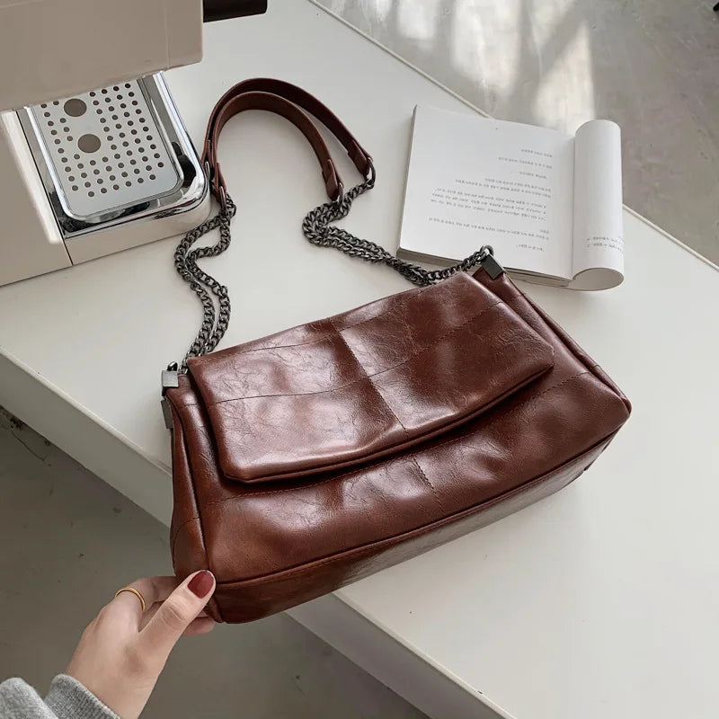 Leather Chain Shoulder Bag Women Messenger Tote Vagrant Retro Large Capacity