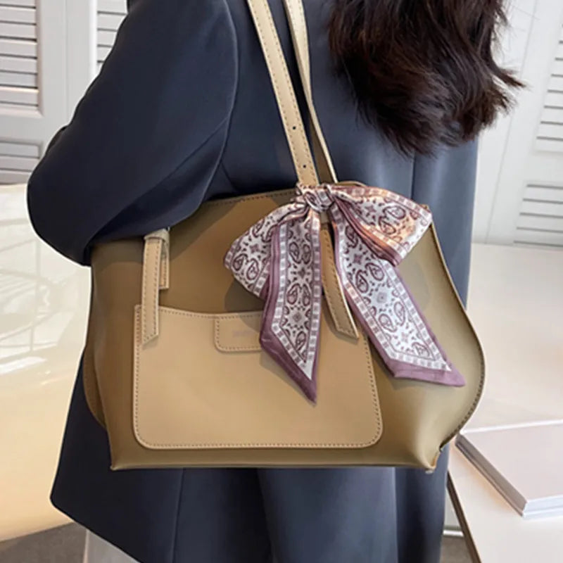 Female Silk Scarf Decoration Shopping Bag Soft Leather Tote