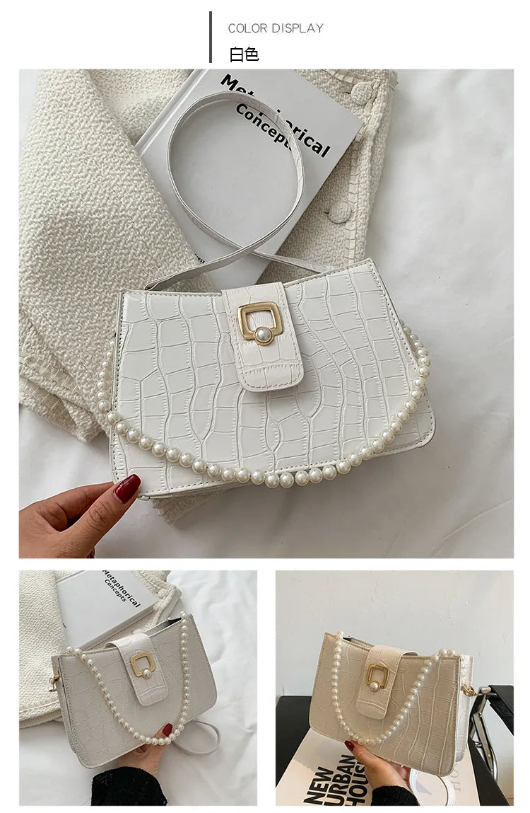 Women's Pearl Handbag Tote Bag, White/Khaki