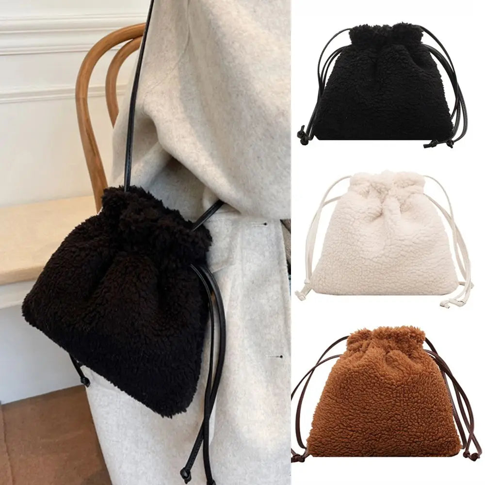 Female Plush Drawstring Shoulder Bag Tote Purse Bucket Bag