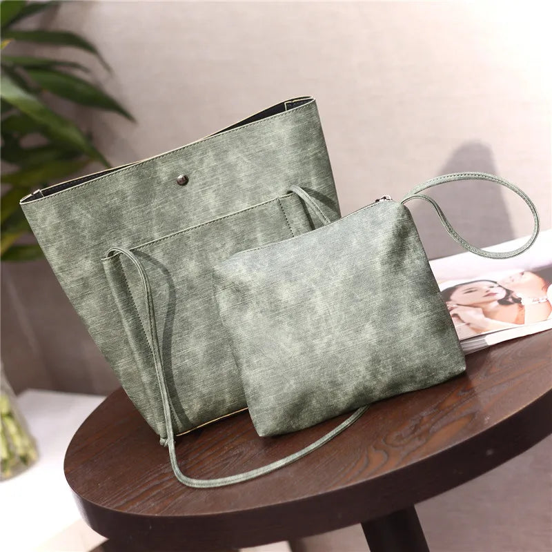 Female Solid Bucket PU Shoulder Bag Large Capacity Messenger