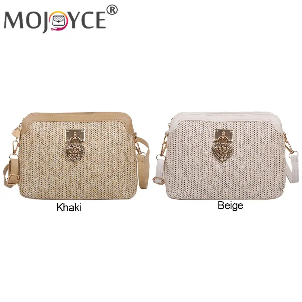 Women Summer Woven Shoulder Bag Love Heart Messenger Bag