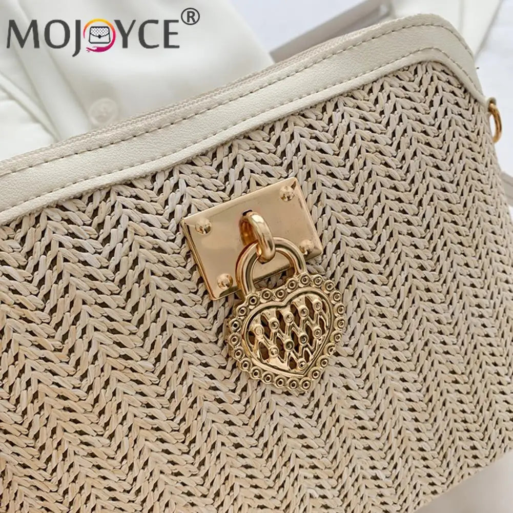 Women Summer Woven Shoulder Bag Love Heart Messenger Bag