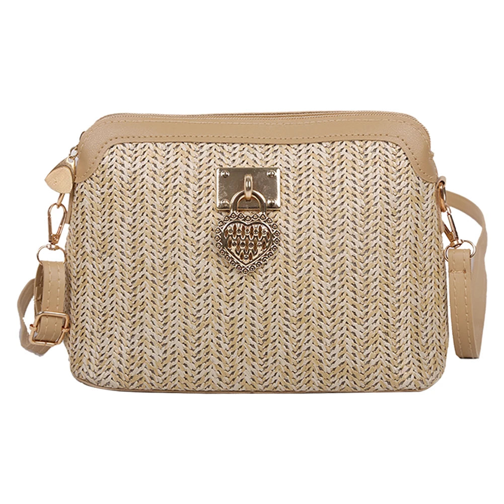 Women Summer Woven Shoulder Bag Love Heart Messenger Bag