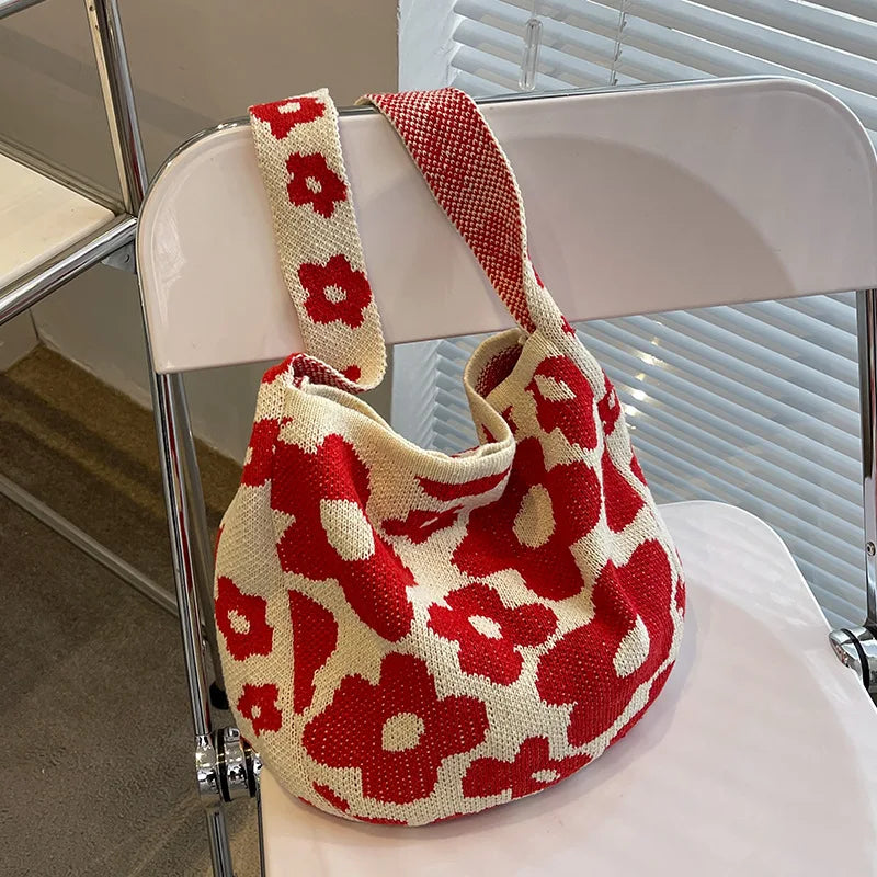 Bohemia Knitted Shoulder Bag Summer Flowers Large Capacity Bucket Travel Handbag