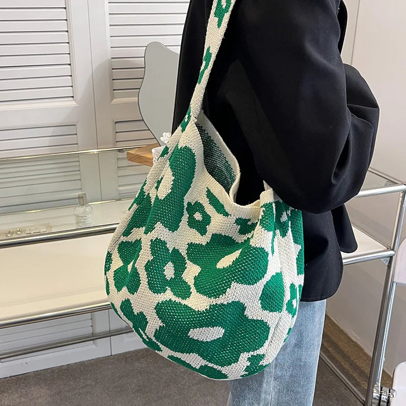 Bohemia Knitted Shoulder Bag Summer Flowers Large Capacity Bucket Travel Handbag