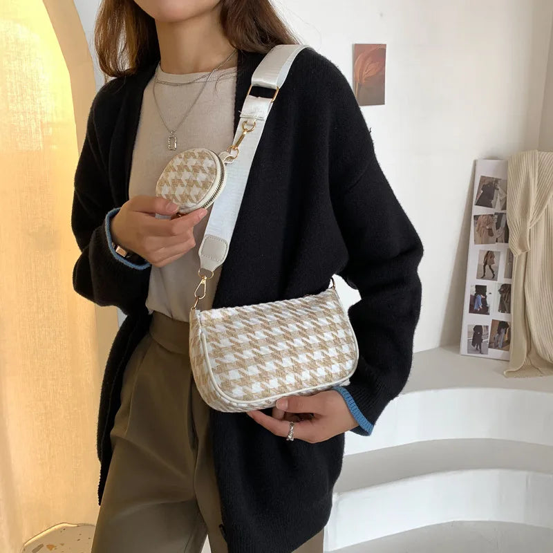 Vintage Plaid Shoulder Bags with Mini Round Pendant