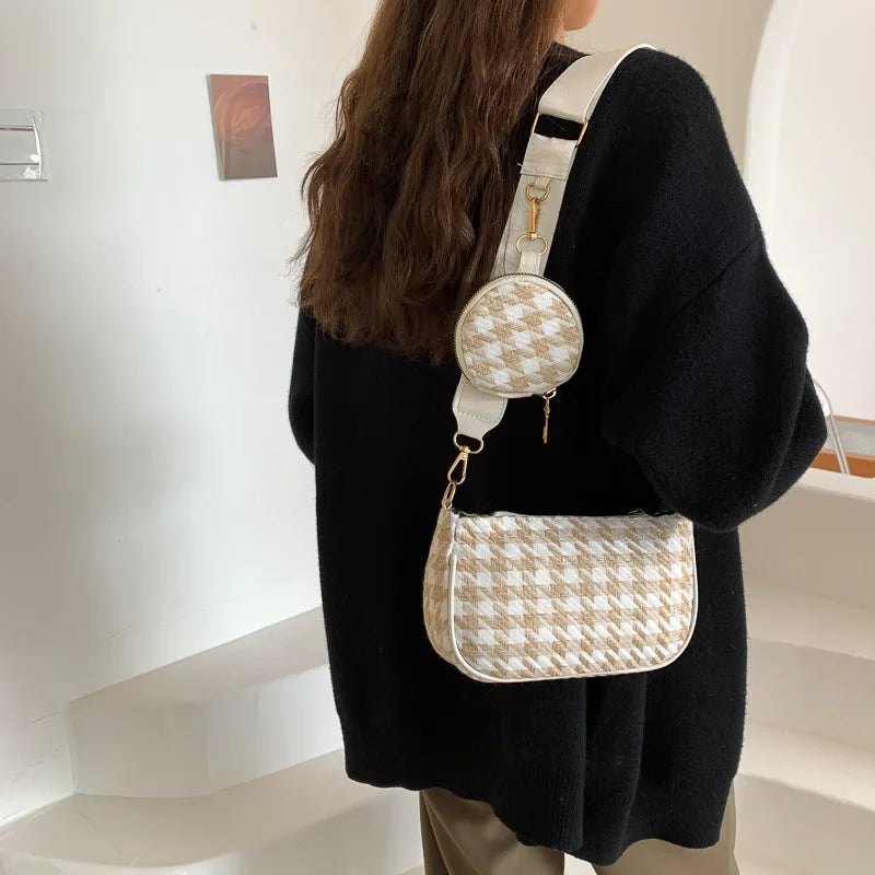 Vintage Plaid Shoulder Bag Set with Mini Round Purse Pendant