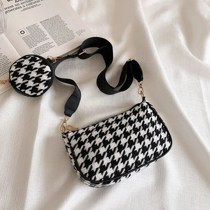 Vintage Plaid Shoulder Bag Set with Mini Round Purse Pendant