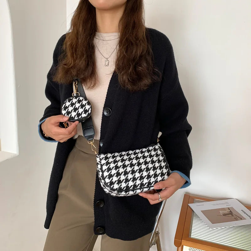 Vintage Plaid Shoulder Bags with Round Purse Pendant - 2pcs Composite