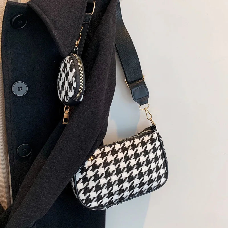 Vintage Plaid Shoulder Bag Round Purse Pendant