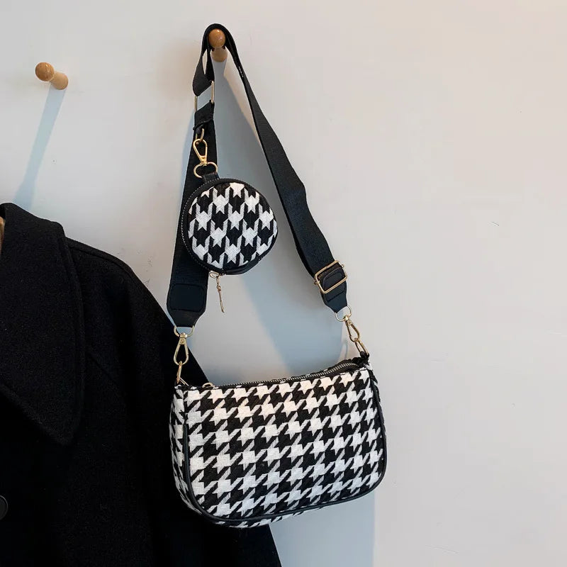 Plaid Shoulder Bags with Round Purse Pendant 2pcs