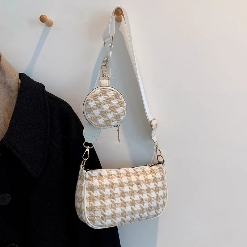 Plaid Shoulder Bags with Round Purse Pendant 2pcs