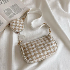 Vintage Plaid Shoulder Bag Set with Mini Round Purse Pendant