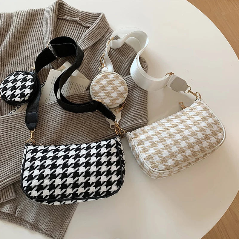 Vintage Plaid Shoulder Bag Set with Mini Round Purse Pendant