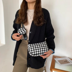 Vintage Plaid Shoulder Bag Set with Mini Round Purse Pendant