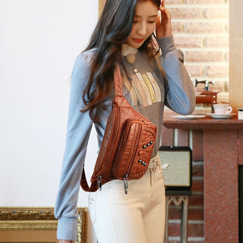 Vintage Waist Fanny Pack Large Capacity PU Leather Phone Pouch