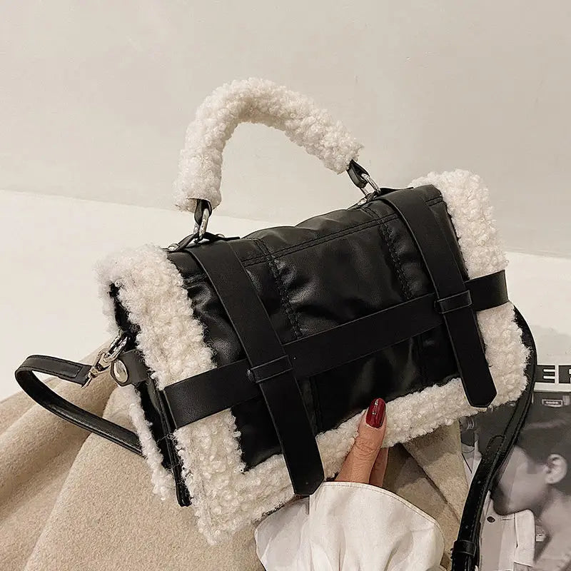 Winter Plush Fur Handbag Deer Lock Chain Shoulder Messenger Crossbody Bags