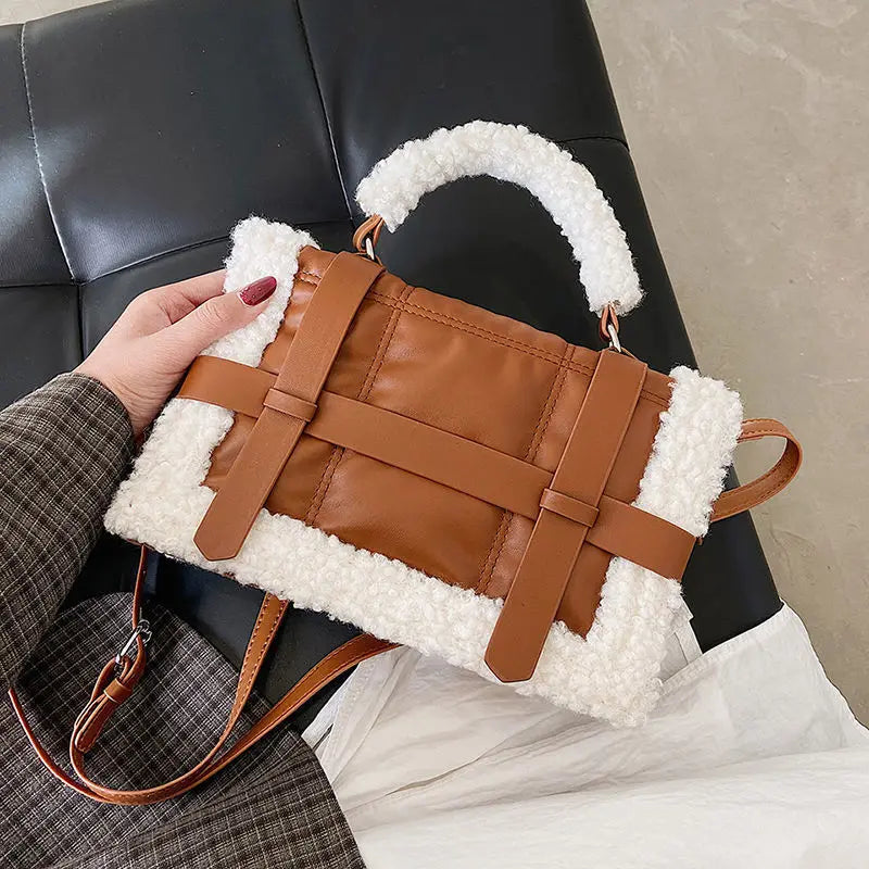 Winter Plush Fur Handbag Deer Lock Chain Shoulder Messenger Crossbody Bags