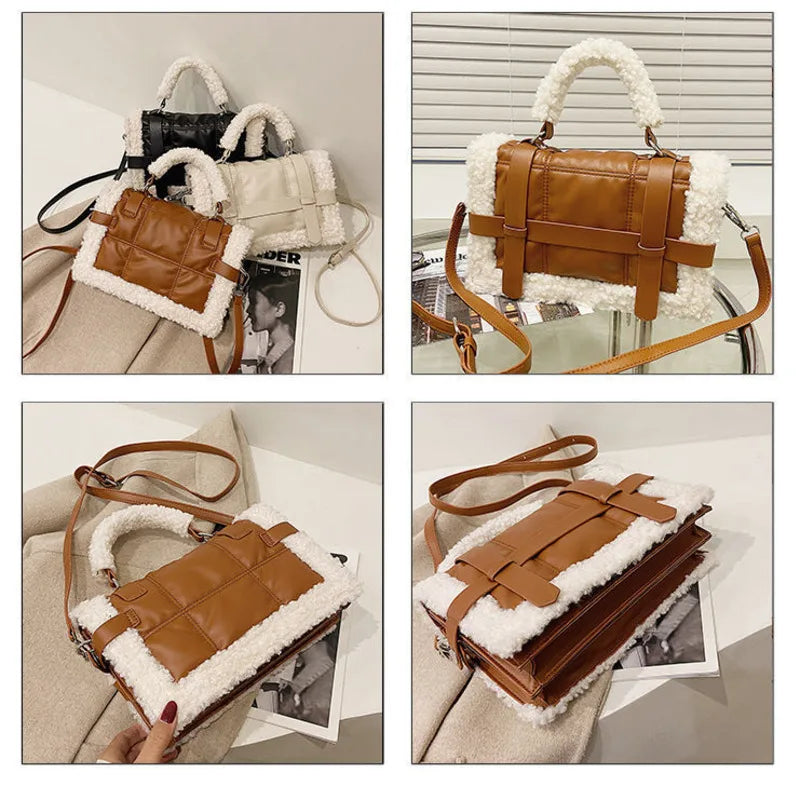 Winter Plush Fur Handbag Deer Lock Chain Shoulder Messenger Crossbody Bags
