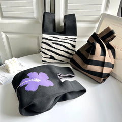 Wool Knitted Pleats Tote Organ Bag Stitching Contrast Shoulder Handbag