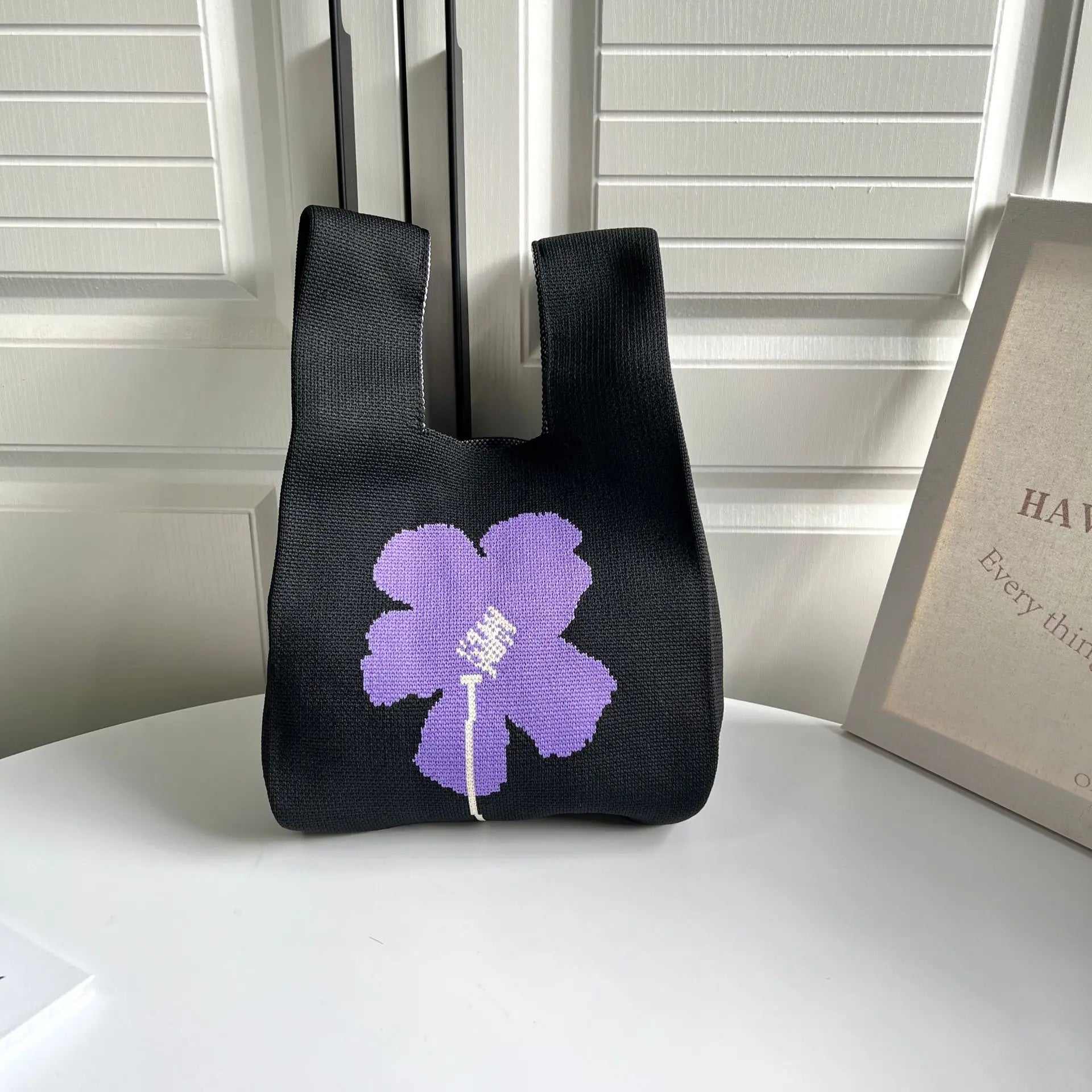 Wool Knitted Pleats Tote Organ Bag Stitching Contrast Shoulder Handbag
