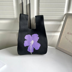Wool Knitted Pleats Tote Organ Bag Stitching Contrast Shoulder Handbag