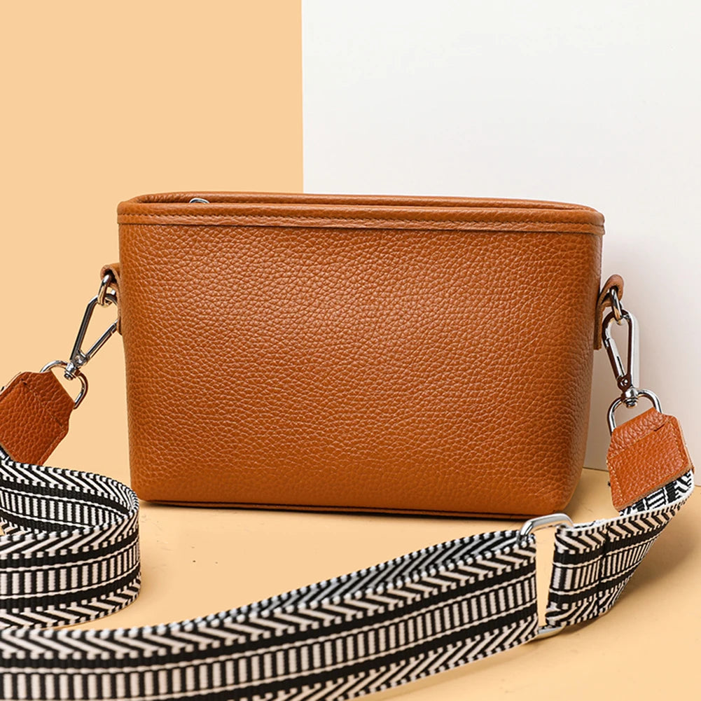 1st Layer Cowhide Women's Messenger Bag Wide Strap Classic Purses
