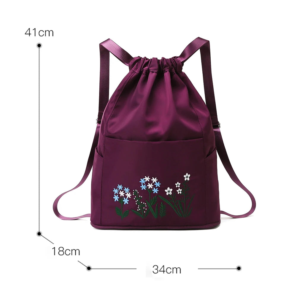 Vintage Flower Print Gym Sack Drawstring Bag Water Resistant Large Capacity