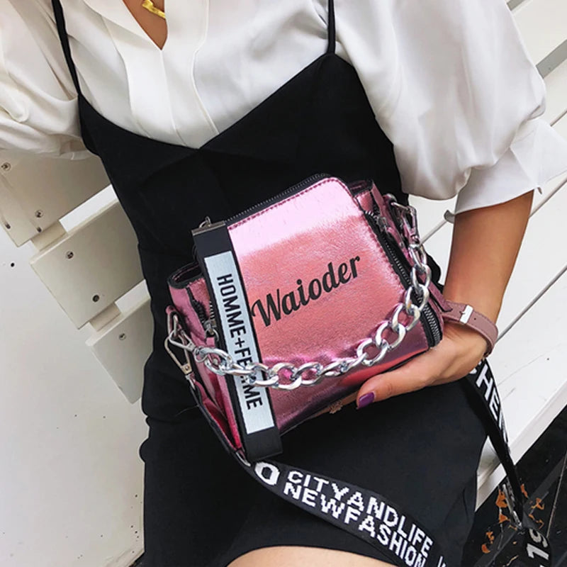 Flash Laser Women Shoulder Bag PU Messenger Crossbody Bucket